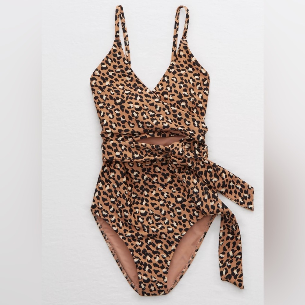 EUC Aerie Leopard Print Wrap One-Piece Full Coverage Swimsuit